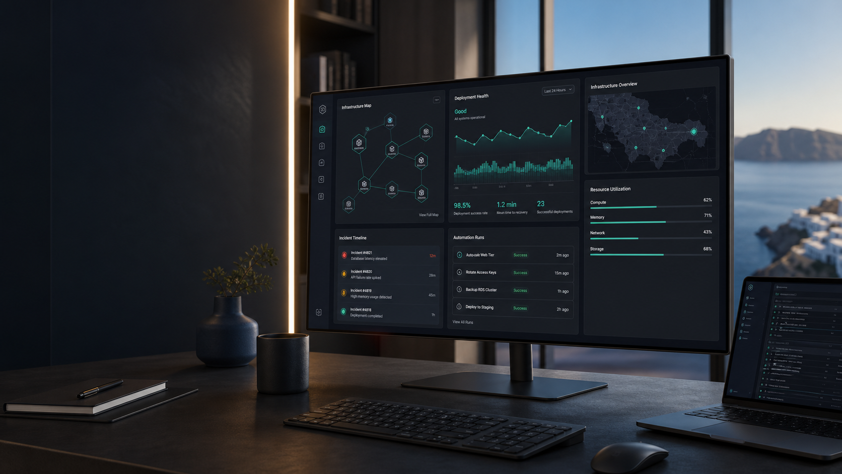 A dark product dashboard showing cloud infrastructure health and automation views.